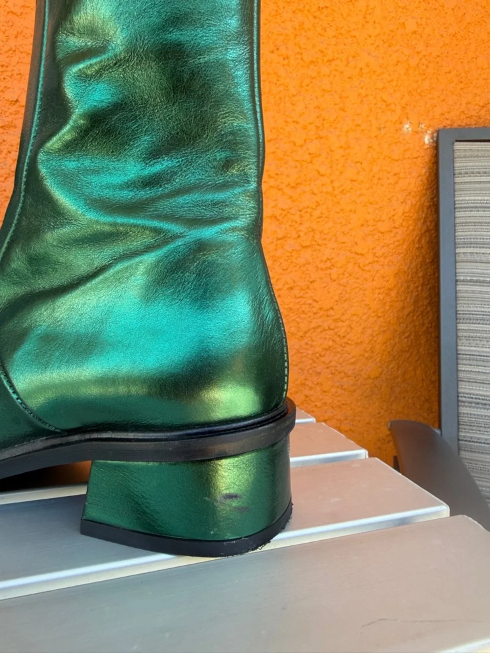 L-Intervalle Metallic Emerald‎ Green Stitched Ankle Boots Low Block Heel Zipper